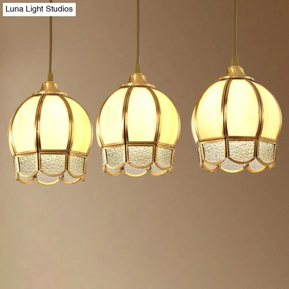 Vintage Brass Dining Room Pendant Light with Frosted Glass Flower Cluster Design
