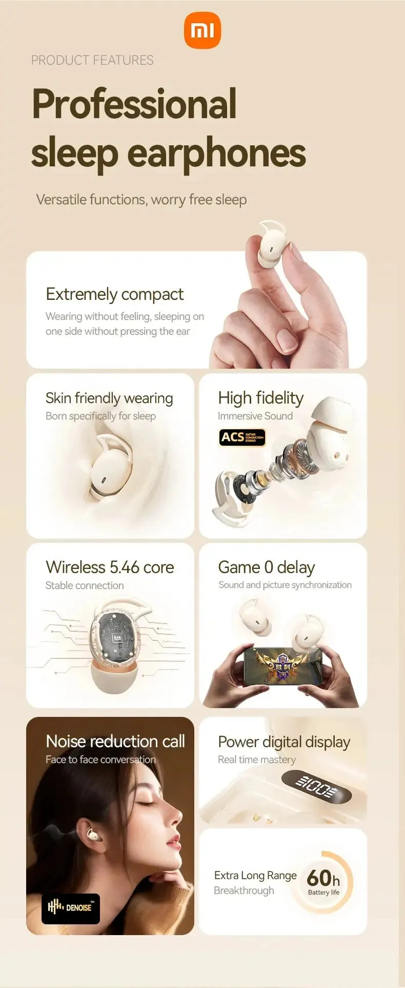 XIAOMI M72 New Sleeping Wireless Earbuds Mini Bluetooth5.4 Touch Cotrol In Ear Headphone comfortable Noise Reduction Headset